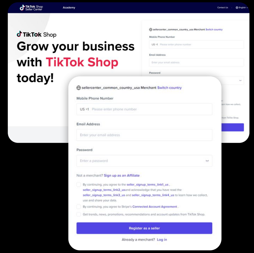 tiktok shop signup page