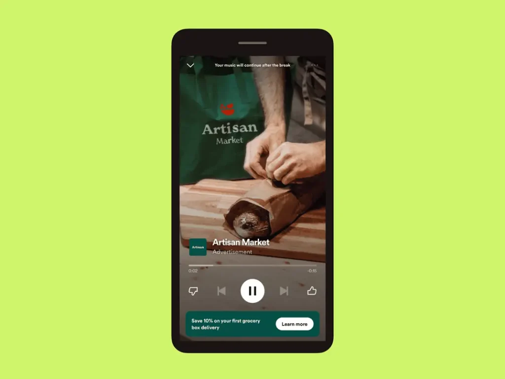 example of a Spotify video takeover ad on mobile device