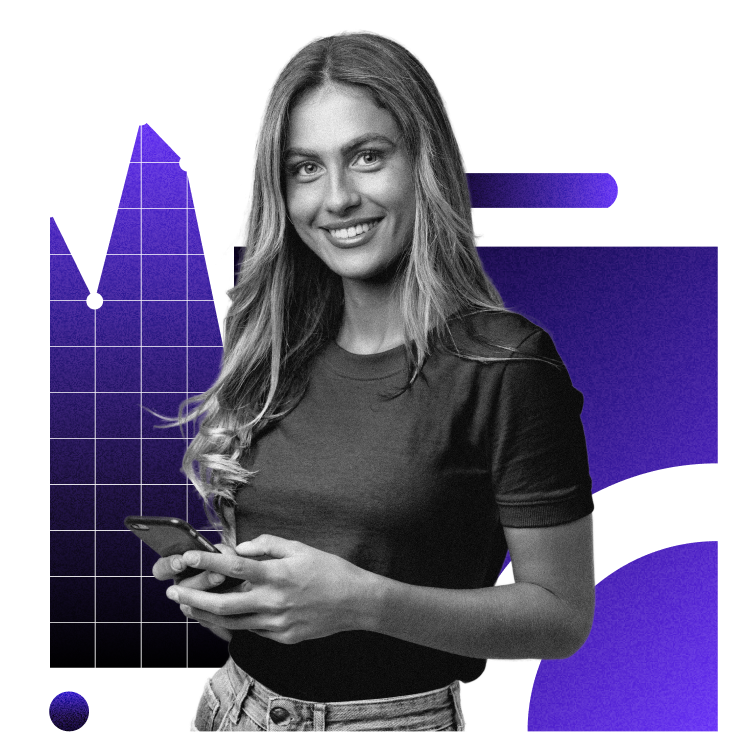 woman smiling in front of charts and graphs